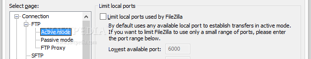 Showing the FileZilla program settings panel